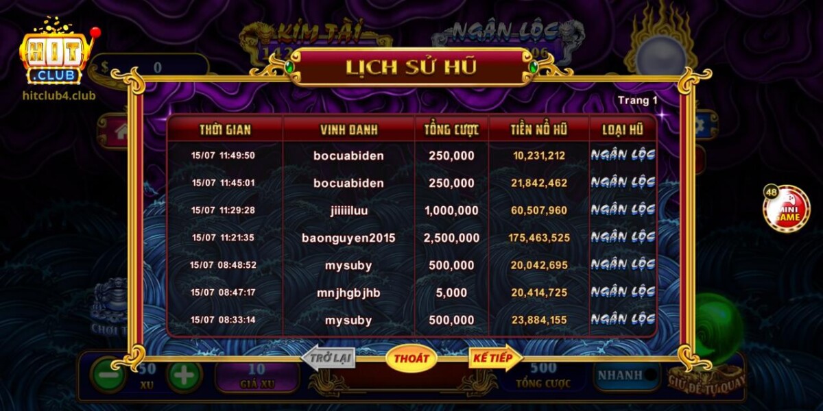 Tính năng lịch sử nổ hũ Kho Báu Ngũ Long Hitclub